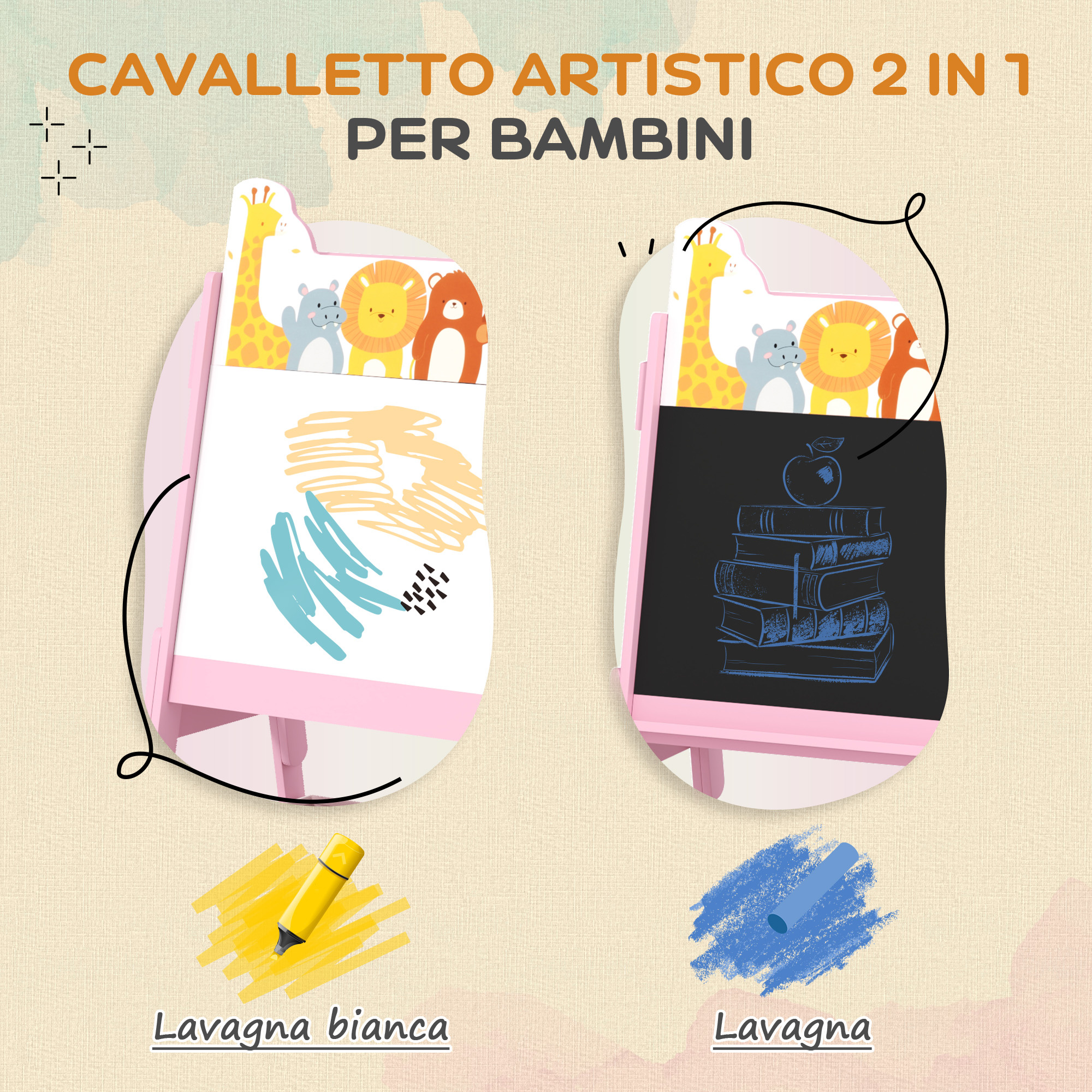 Cavalletto artistico per bambini 3-8 anni con lavagna a 2 lati e 2 cestini contenitori, in legno, 53.5x49x113 cm, rosa - 