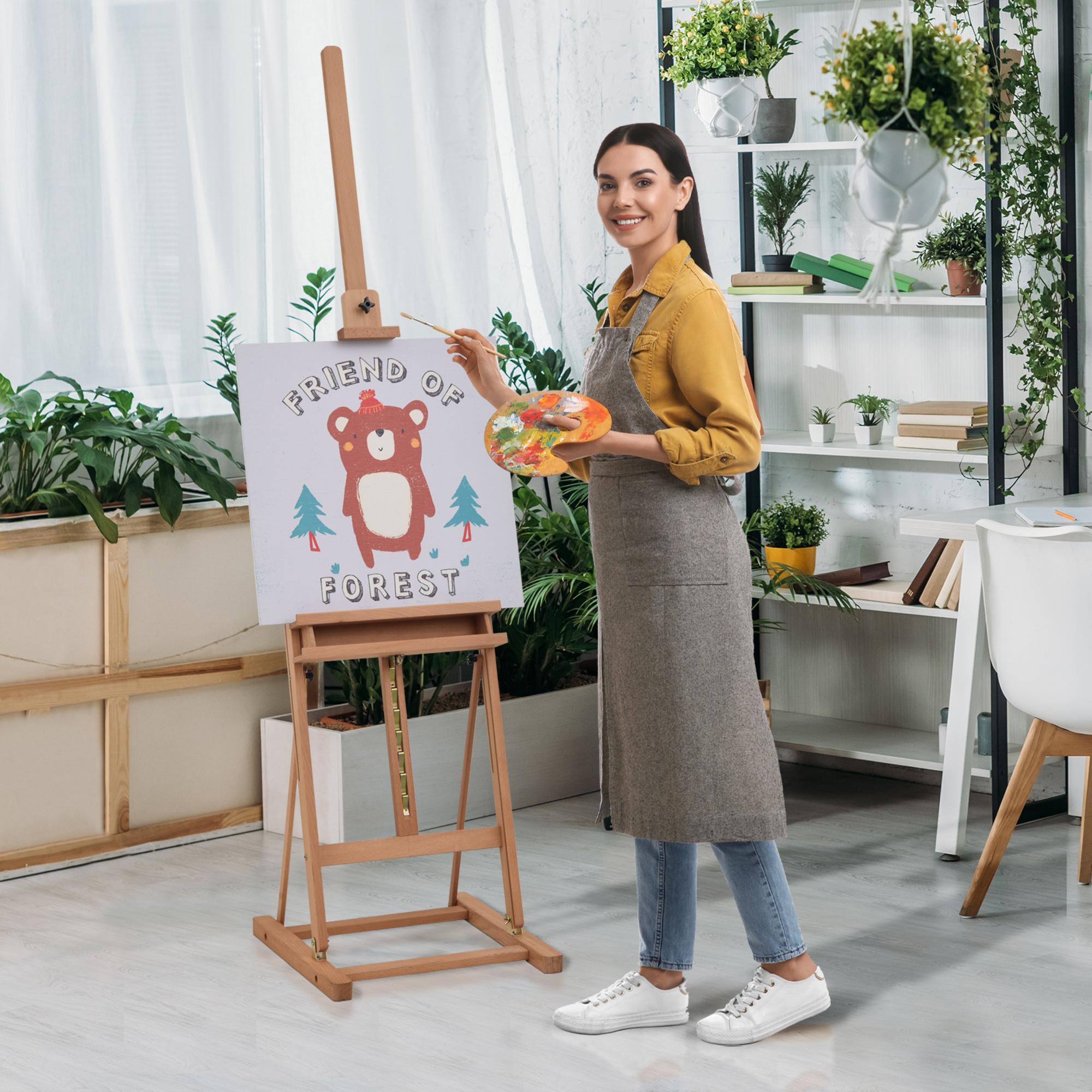 Cavalletto da pittore regolabile in legno di faggio con vano contenitore, 53x50.5x171-230cm - 