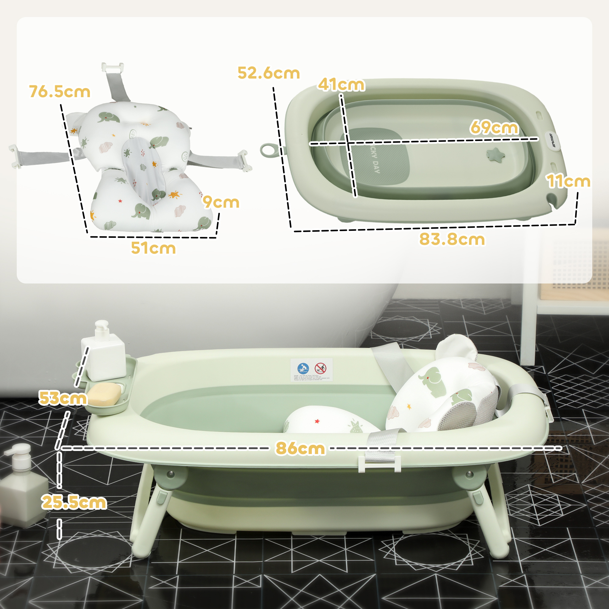 Vaschetta bagnetto pieghevole per neonati con cuscinetto e lavabo, in plastica antiscivolo, 86x53x25.5 cm, verde - 