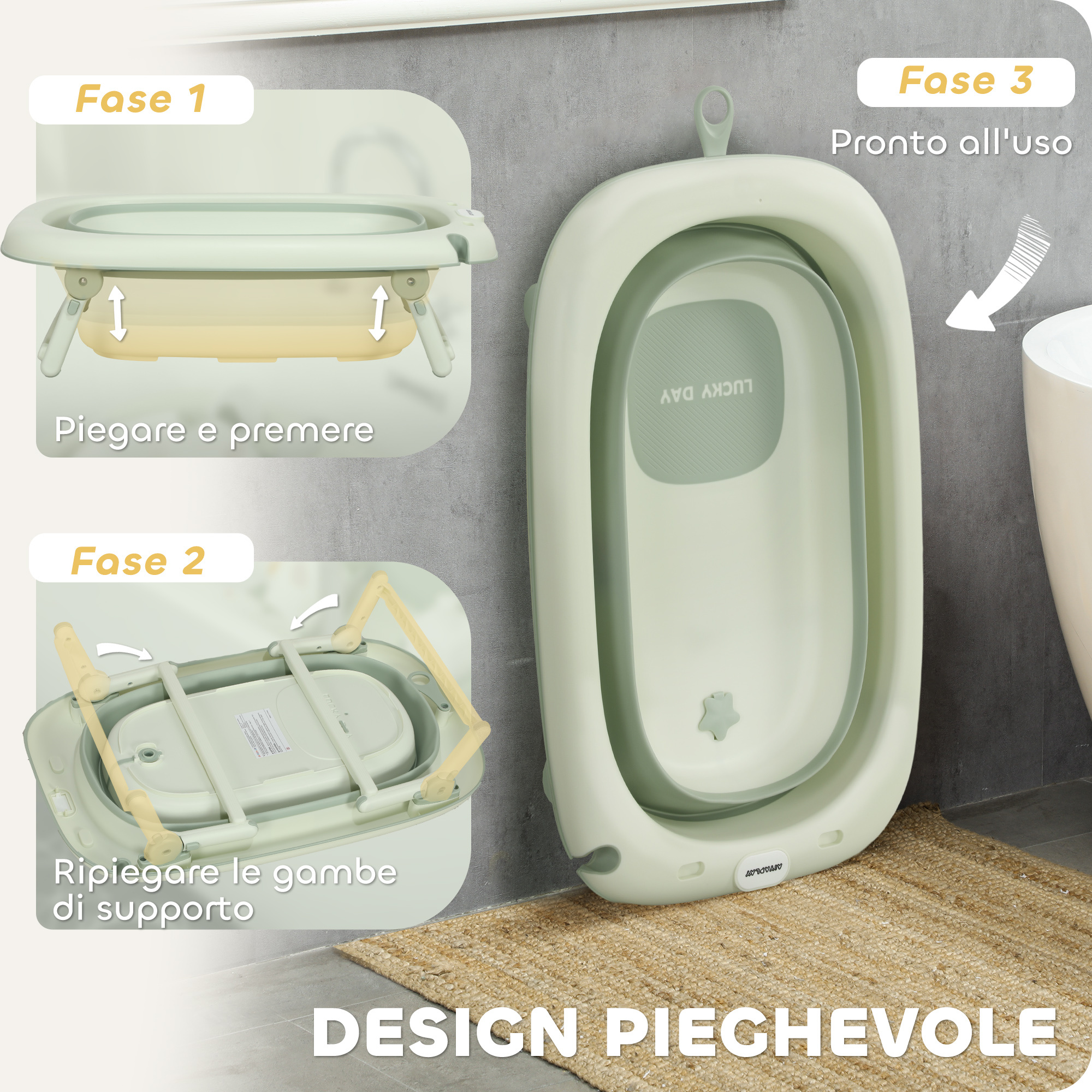 Vaschetta bagnetto pieghevole per neonati con cuscinetto e lavabo, in plastica antiscivolo, 86x53x25.5 cm, verde - 