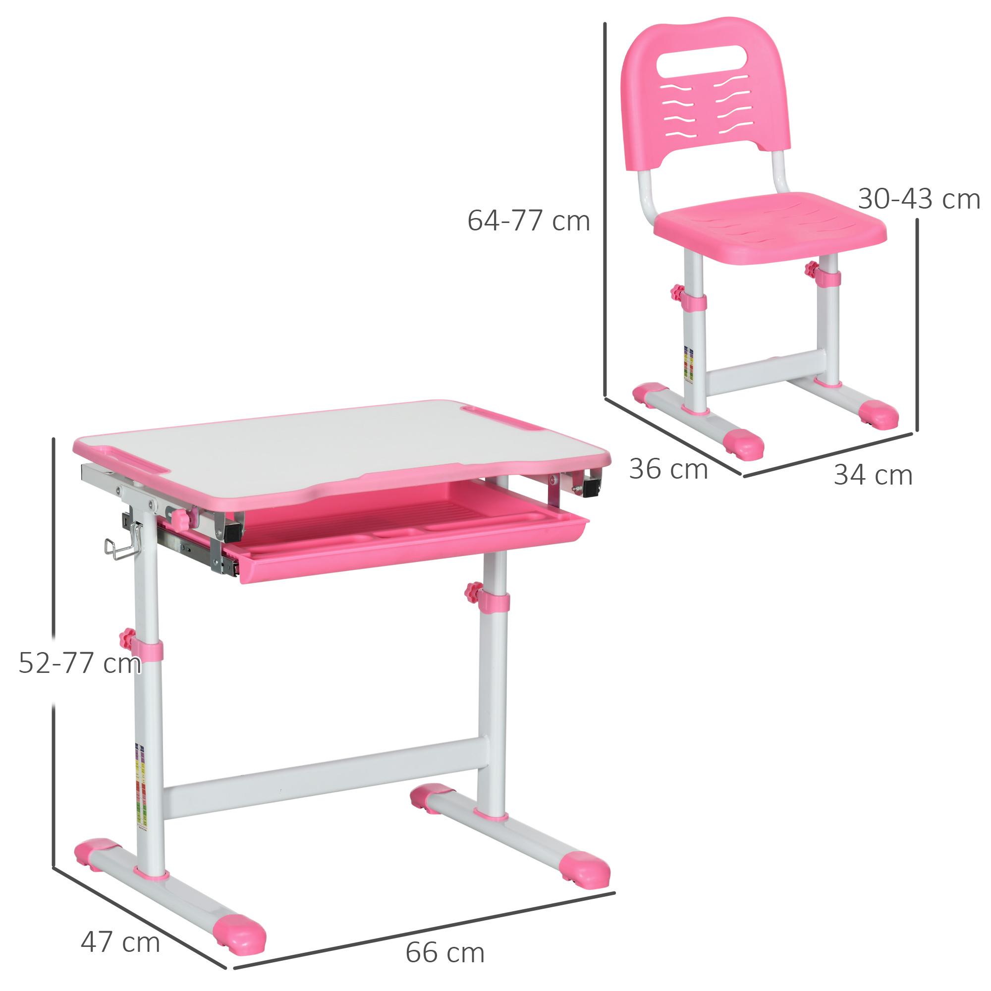 Banco scuola per bambini 6-12 anni con sedia e altezza regolabile, piano inclinabile, 66x47x52-77 cm, rosa - 
