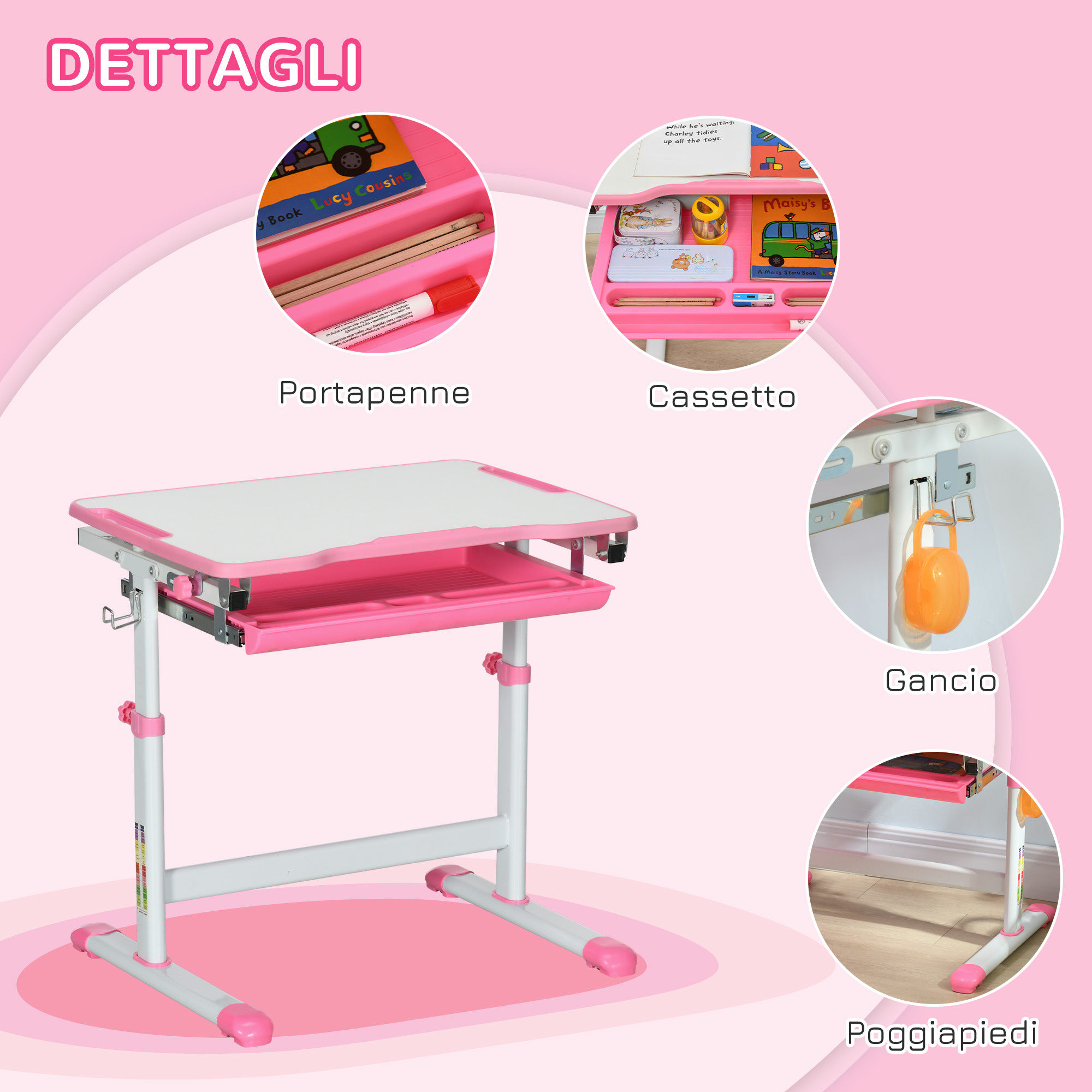 Banco scuola per bambini 6-12 anni con sedia e altezza regolabile, piano inclinabile, 66x47x52-77 cm, rosa - 