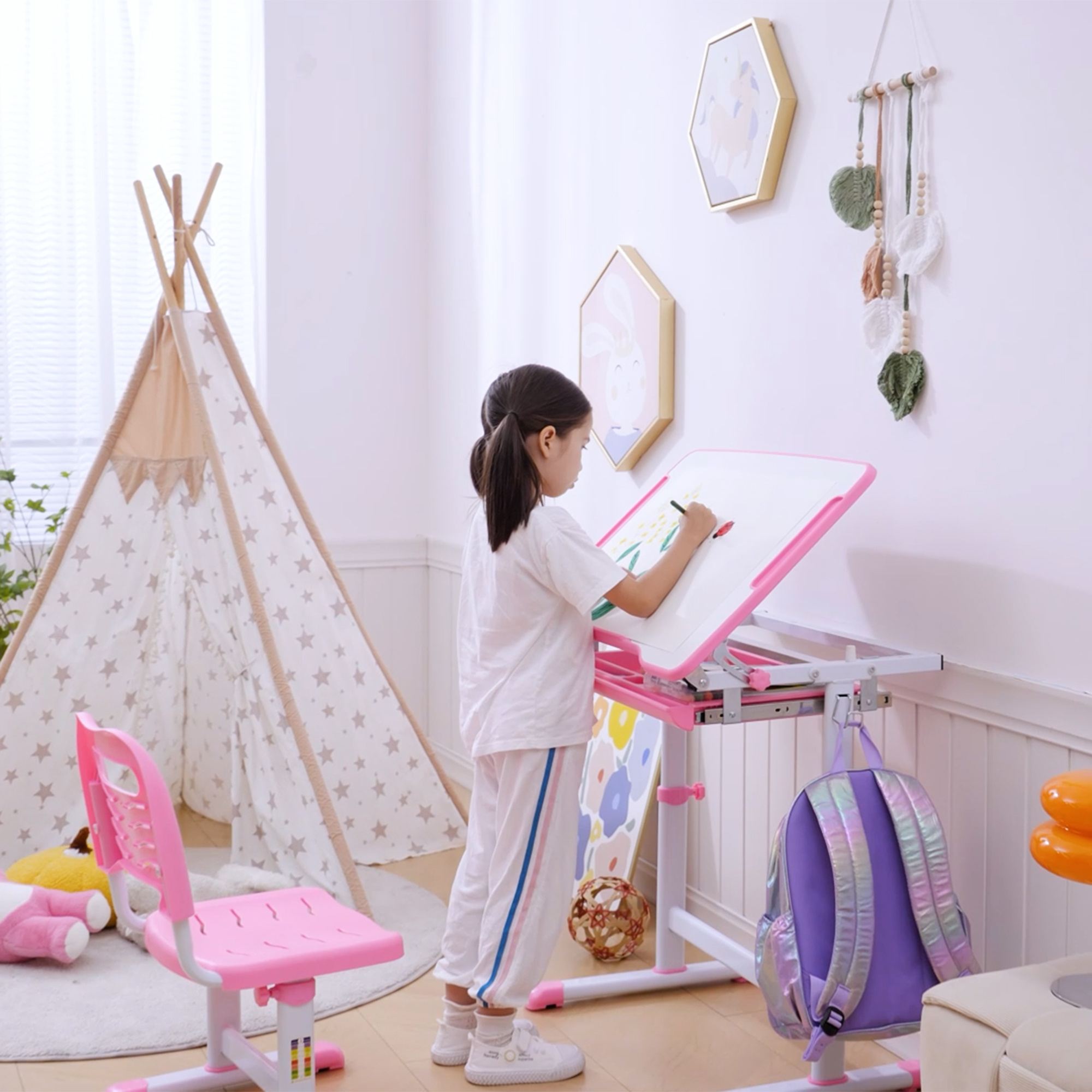 Banco scuola per bambini 6-12 anni con sedia e altezza regolabile, piano inclinabile, 66x47x52-77 cm, rosa - 