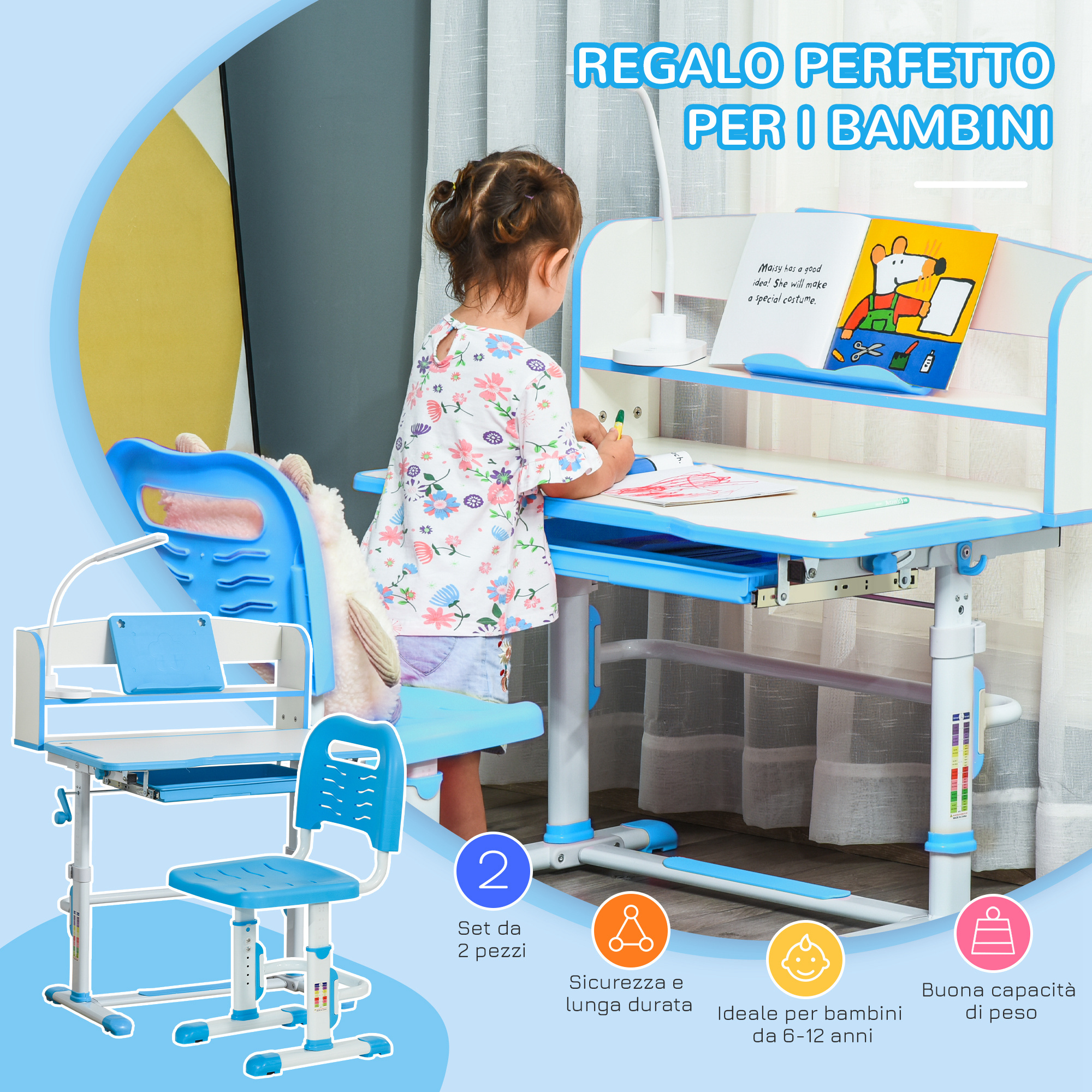 Banco scuola per bambini 6-12 anni regolabile con luce led, leggio e portapenne, in mdf, pp e acciaio, azzurro - 