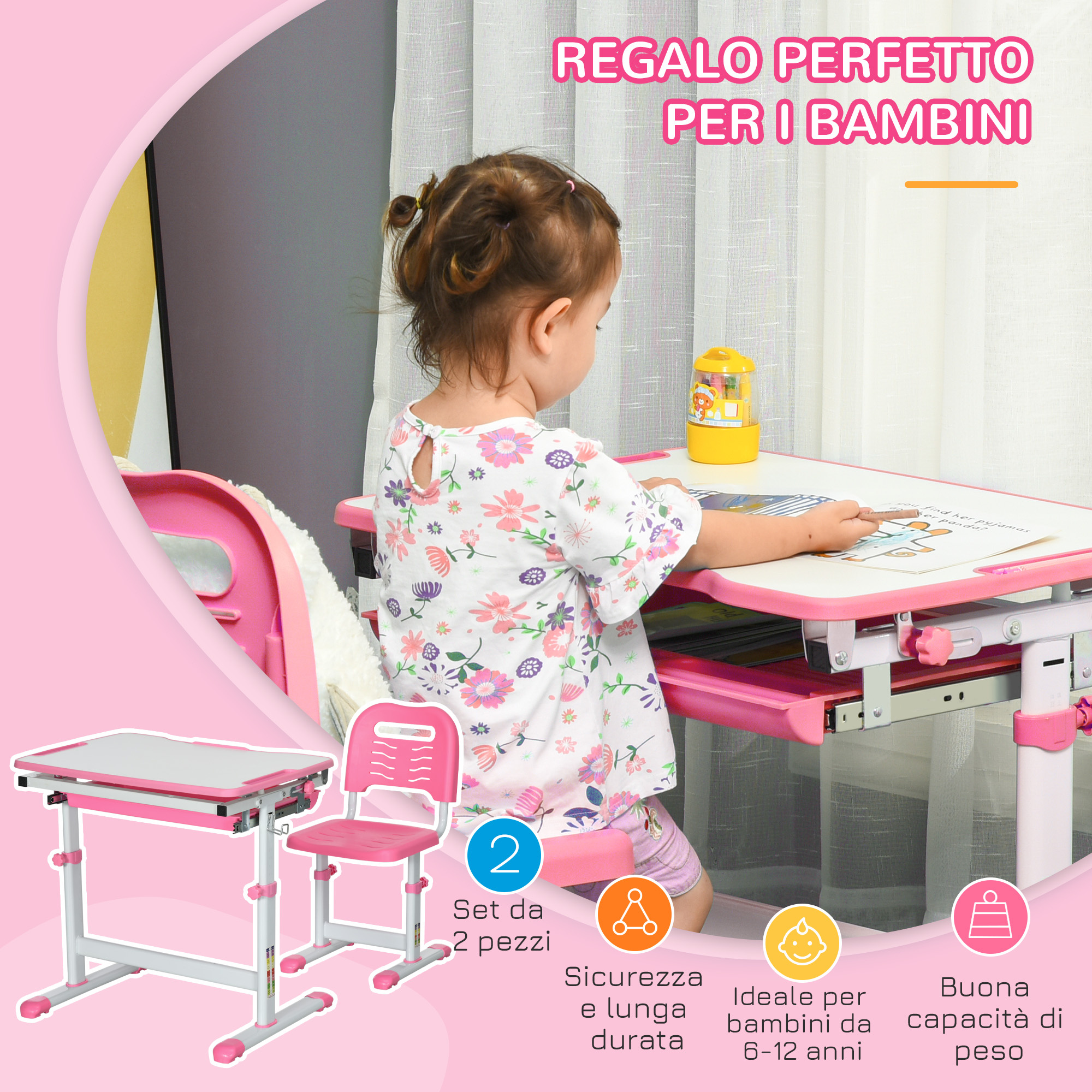 Banco scuola per bambini 6-12 anni con sedia e altezza regolabile, piano inclinabile, 66x47x52-77 cm, rosa - 