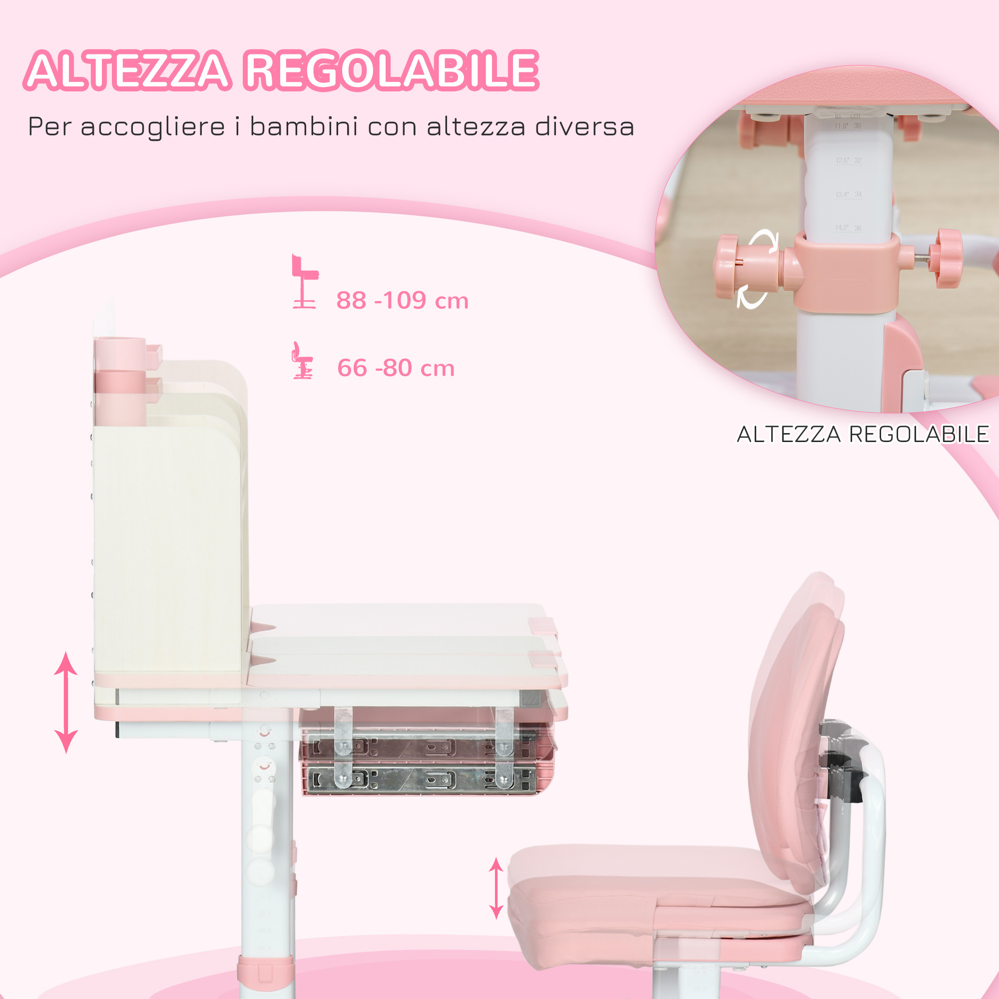 Banco scuola con sedia per bambini 3-12 anni, altezza regolabile e piano inclinabile, rosa - 