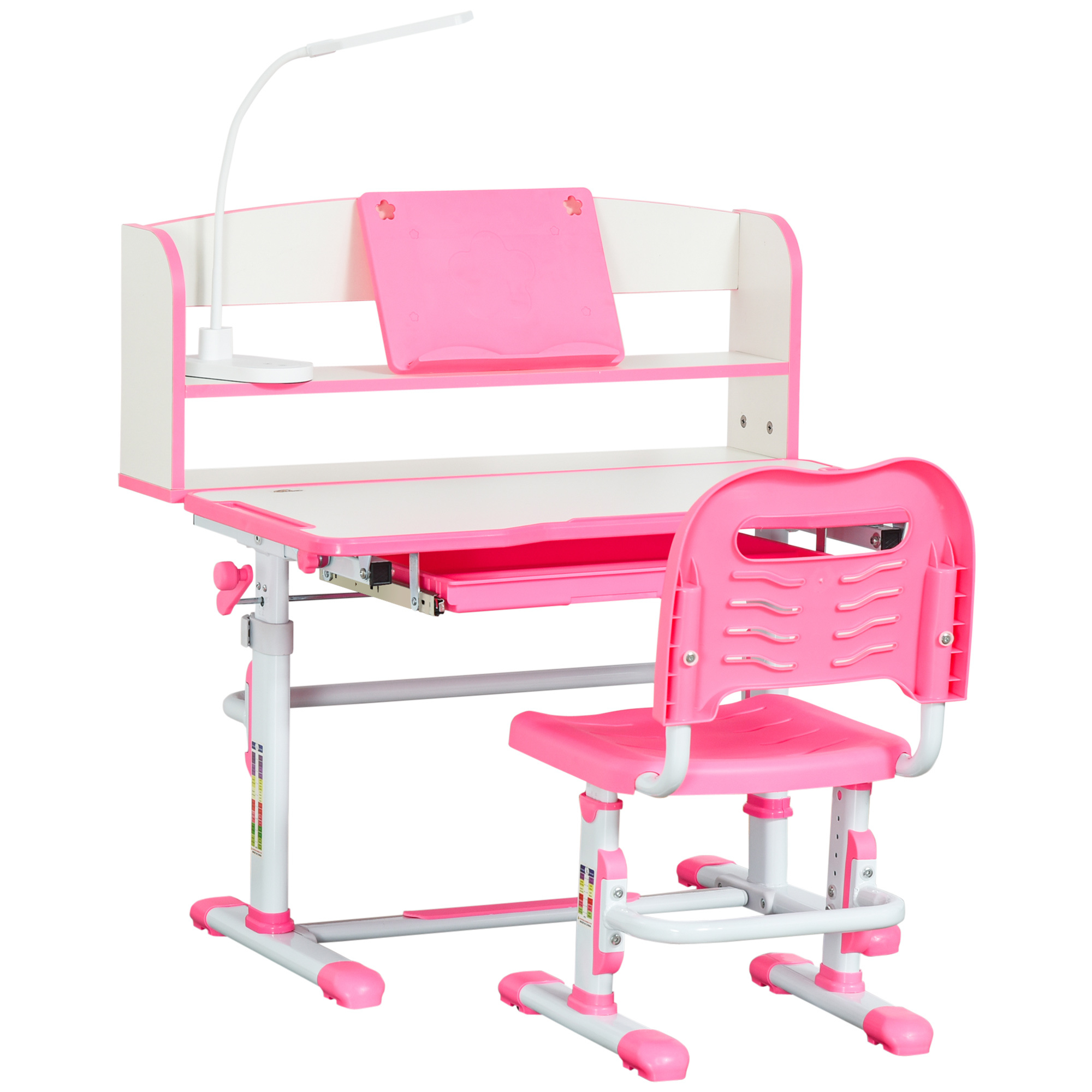 Banco scuola per bambini 6-12 anni regolabile con luce led, leggio e portapenne, in mdf, pp e acciaio, rosa - 