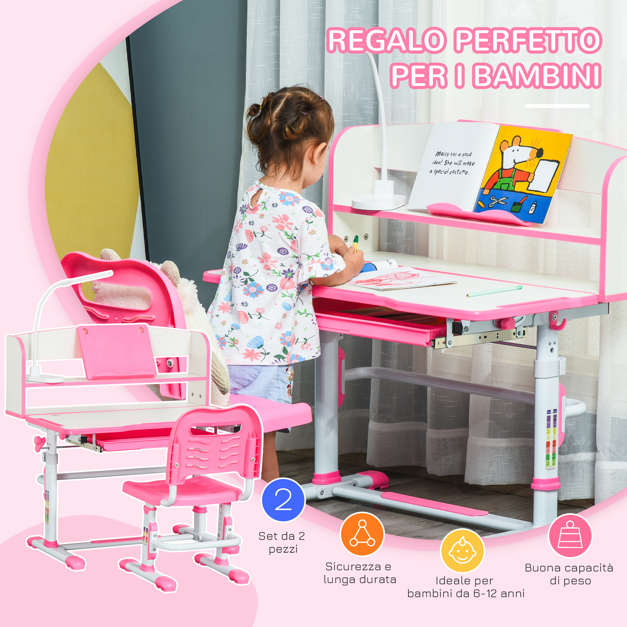 Banco scuola per bambini 6-12 anni regolabile con luce led, leggio e portapenne, in mdf, pp e acciaio, rosa - 