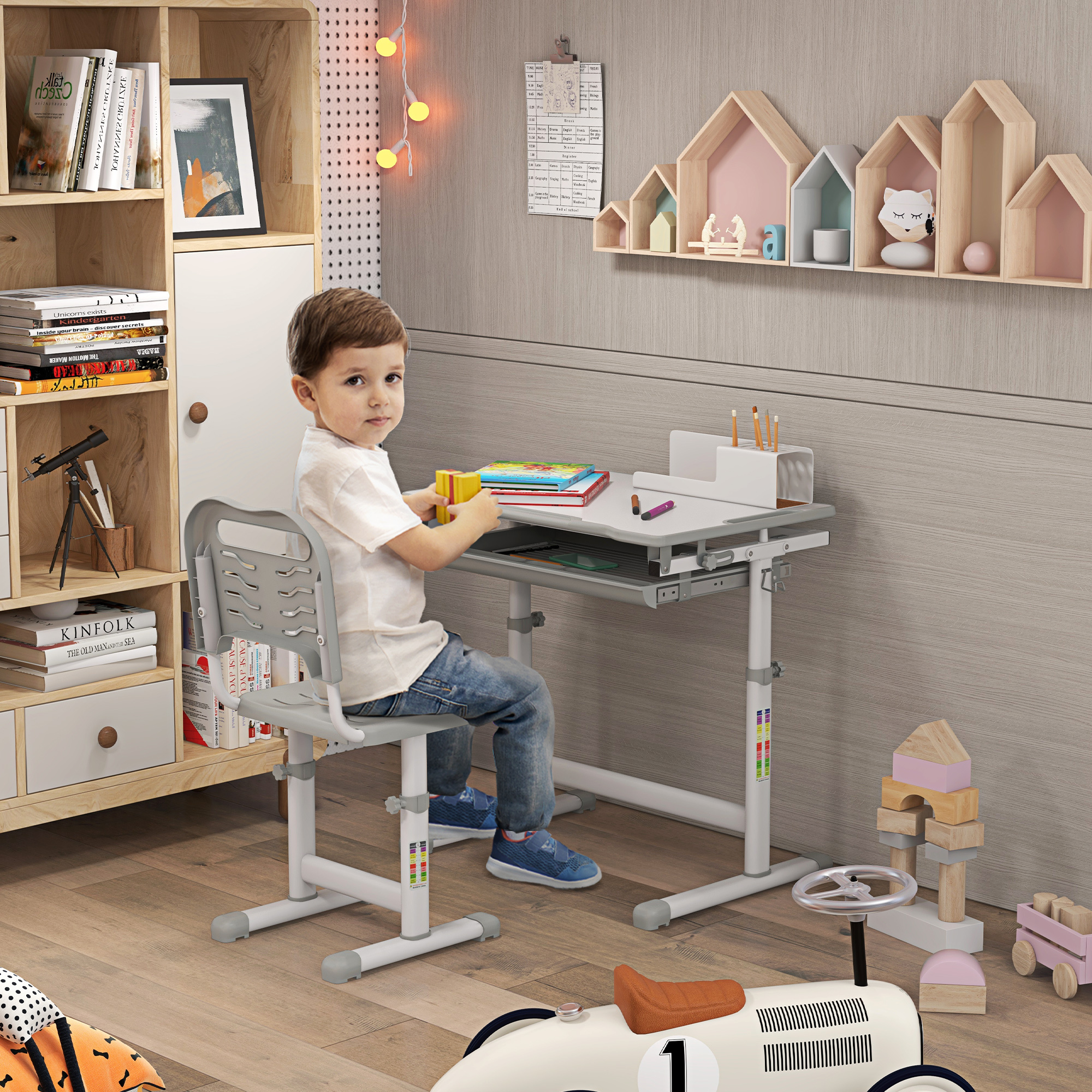 Banco scuola per bambini 6-12 anni con sedia e altezza regolabile, piano inclinabile, 66x47x52-77 cm, grigio - 