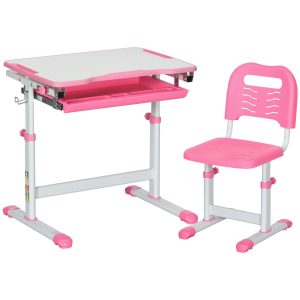 Banco scuola per bambini 6-12 anni con sedia e altezza regolabile, piano inclinabile, 66x47x52-77 cm, rosa - 