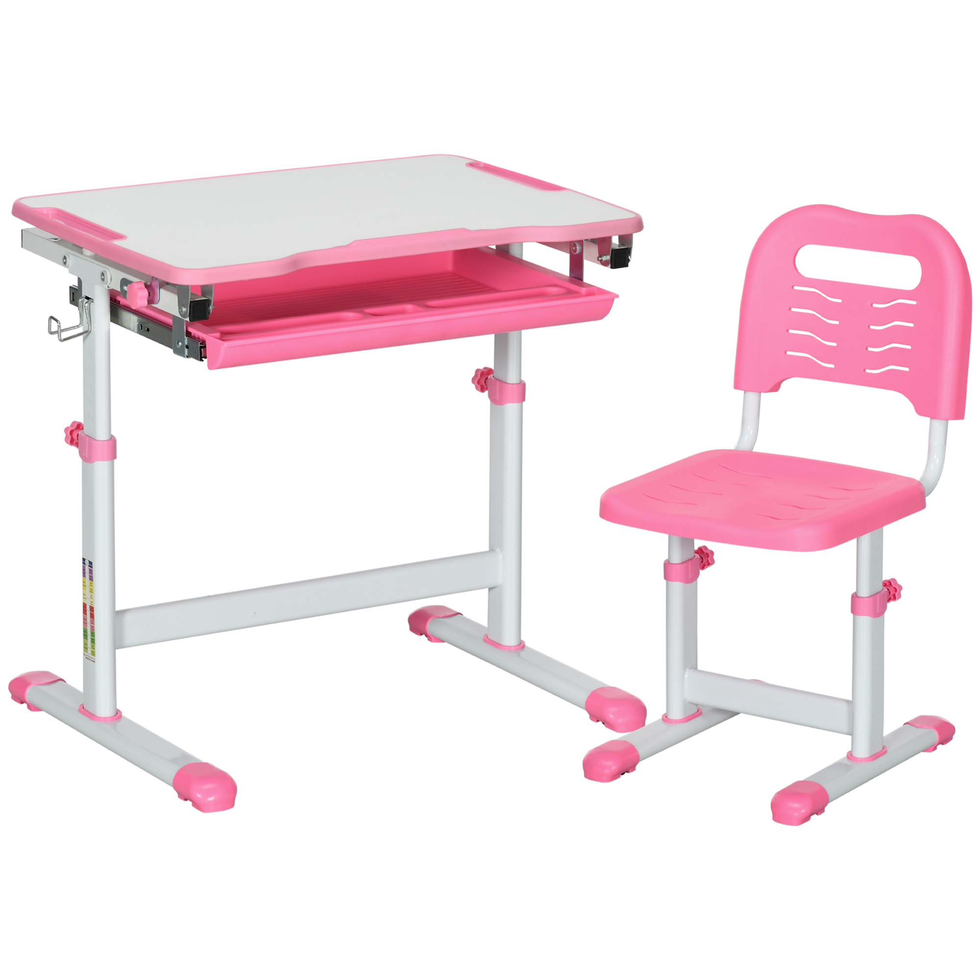 Banco scuola per bambini 6-12 anni con sedia e altezza regolabile, piano inclinabile, 66x47x52-77 cm, rosa - 