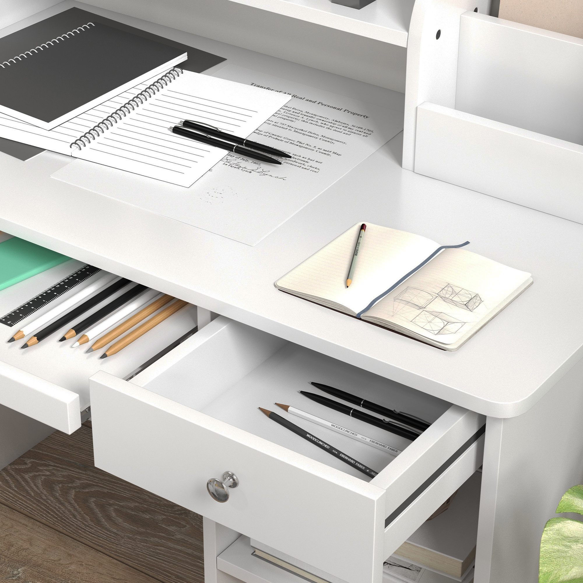 Banco scuola e sedia per bambini da 5-8 anni con scaffale e mensola estraibile in legno bianco - 