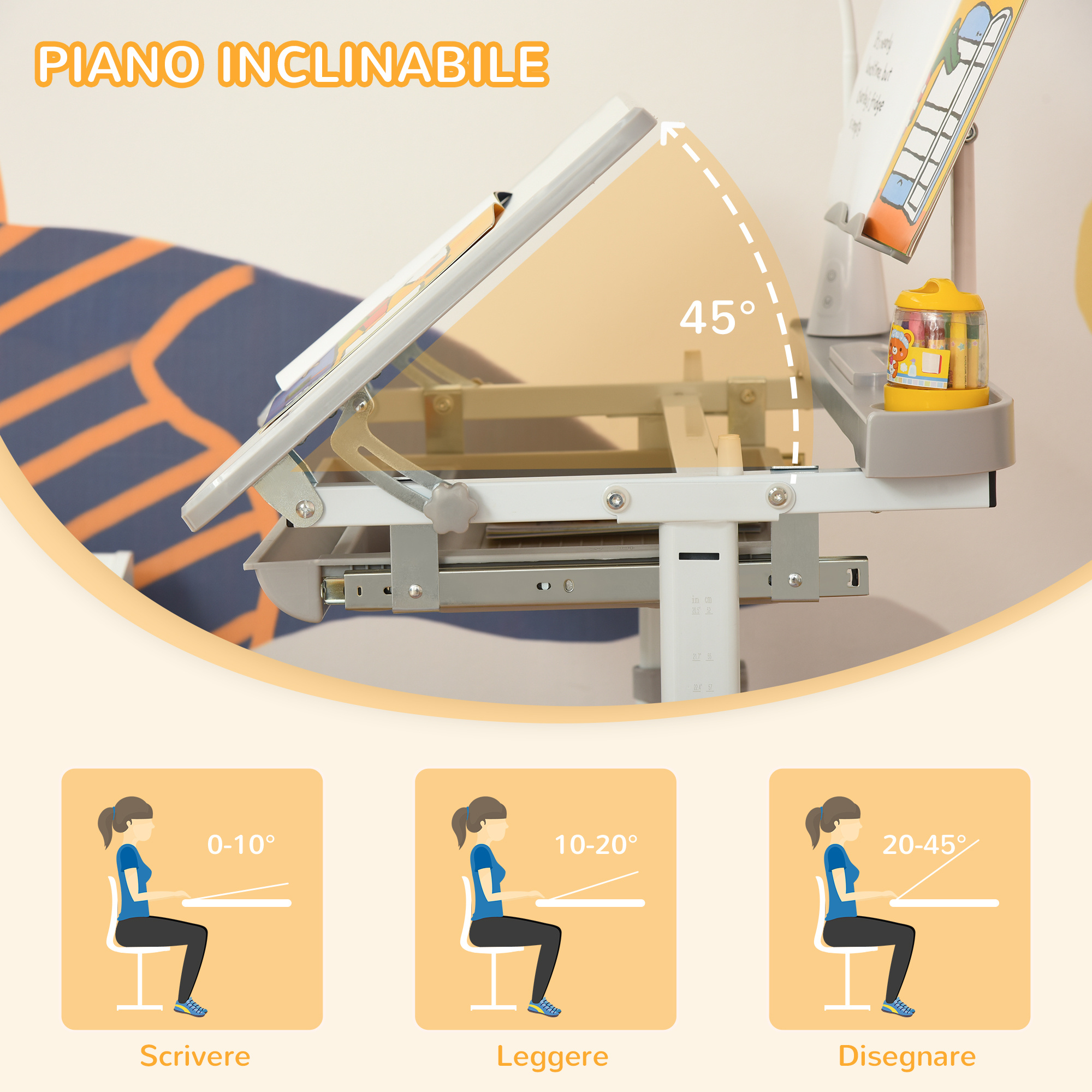 Banco scuola con sedia per bambini 6-12 anni con altezza e inclinazione regolabile, grigio - 