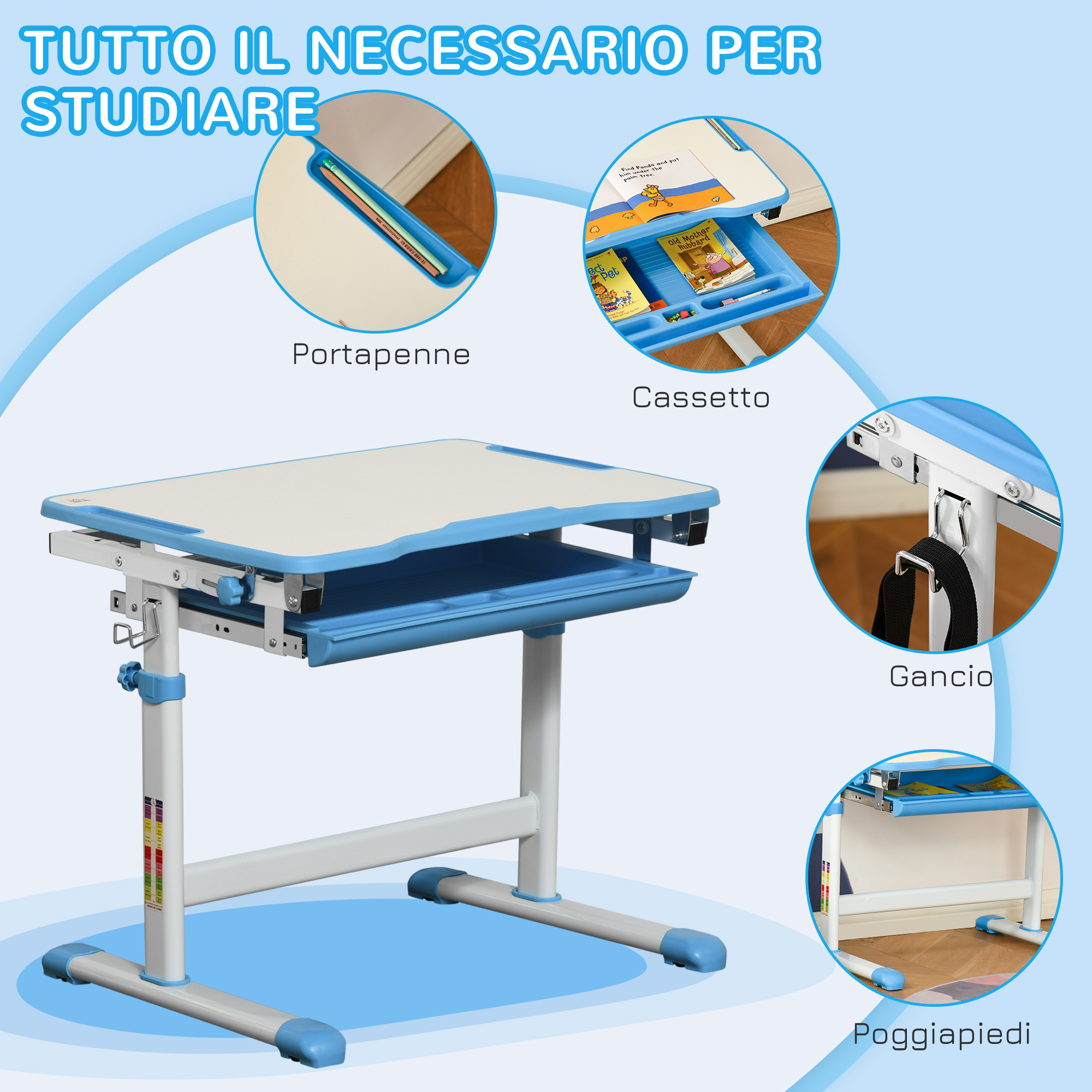 Banco scuola per bambini 6-12 anni con sedia regolabile, cassetto e piano inclinabile, 66x47x52-77 cm, blu - 