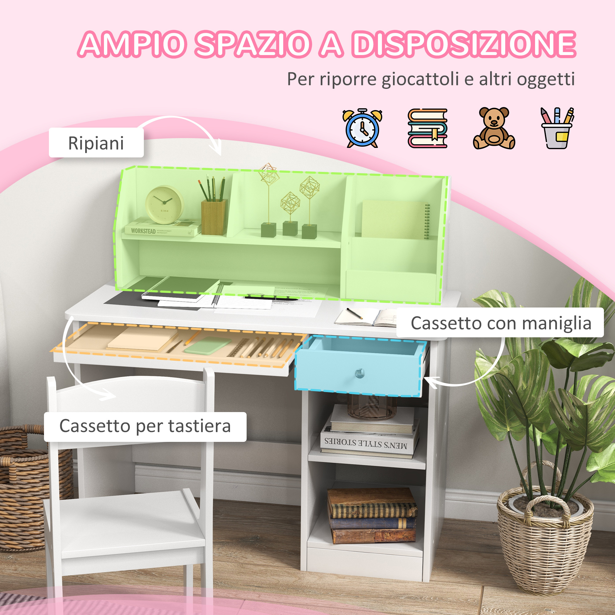 Banco scuola e sedia per bambini da 5-8 anni con scaffale e mensola estraibile in legno bianco - 