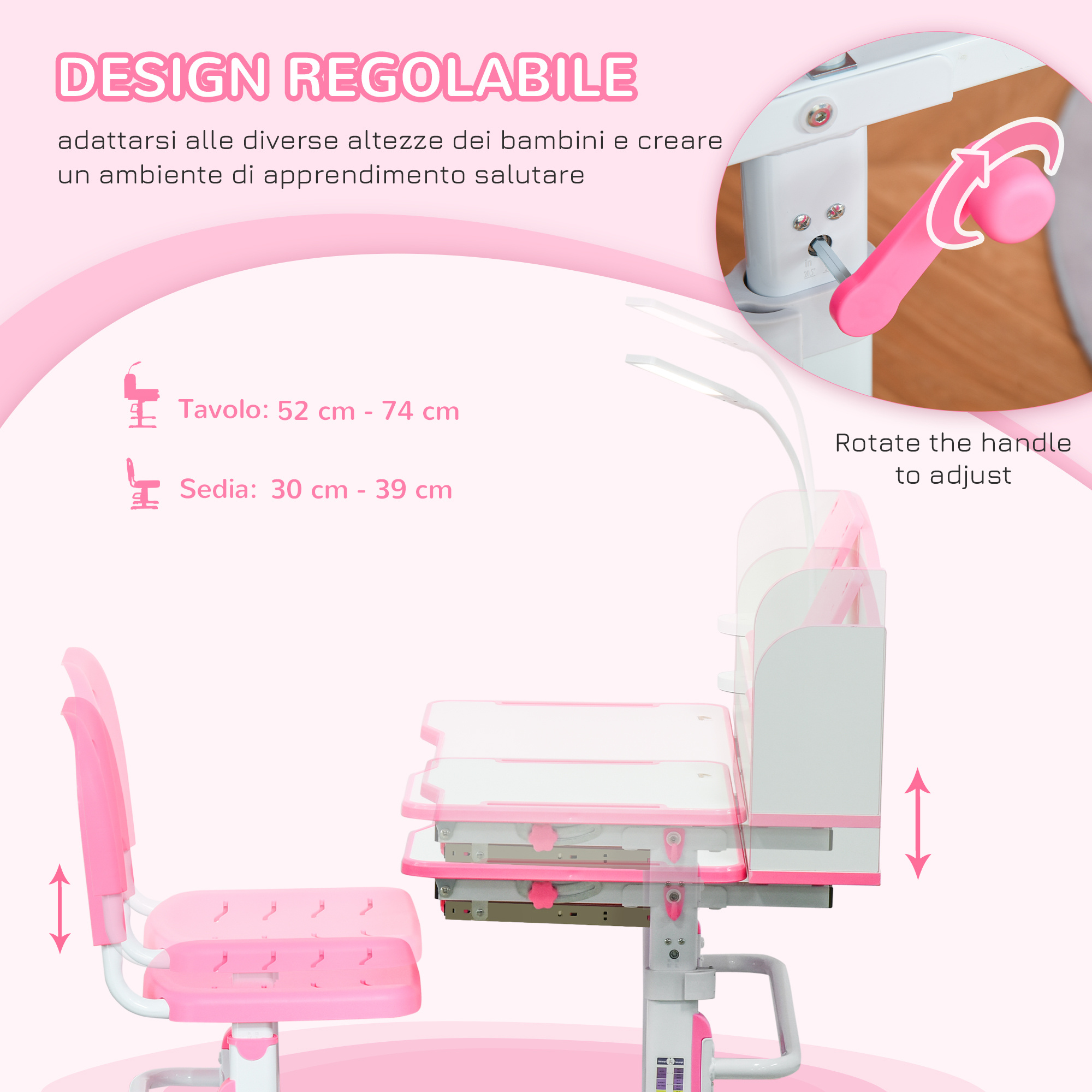 Banco scuola per bambini 6-12 anni regolabile con luce led, leggio e portapenne, in mdf, pp e acciaio, rosa - 