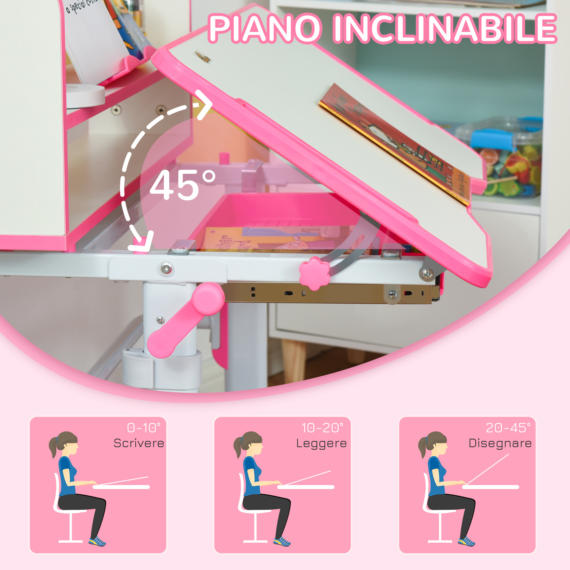 Banco scuola per bambini 6-12 anni regolabile con luce led, leggio e portapenne, in mdf, pp e acciaio, rosa - 