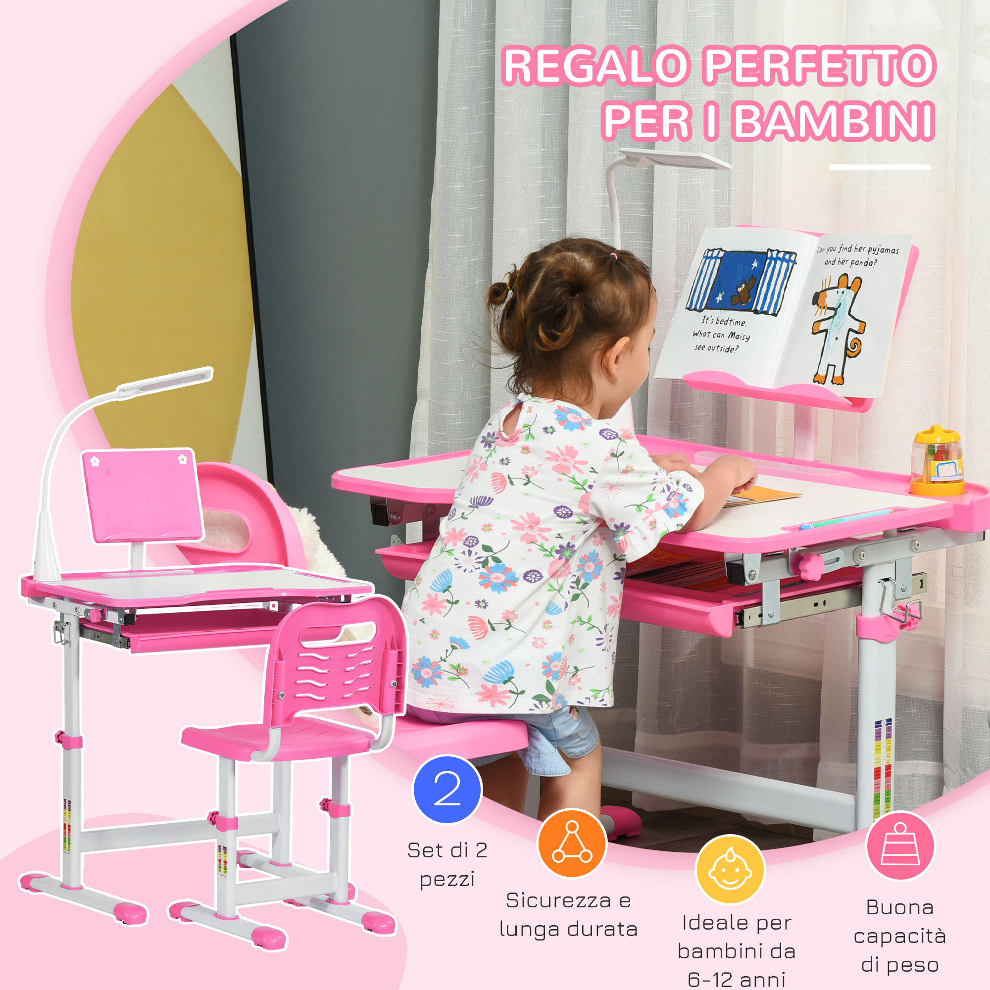 Banco scuola regolabile con sedia per bambini 6-12 anni, 70x49.5x80-105 cm, rosa - 
