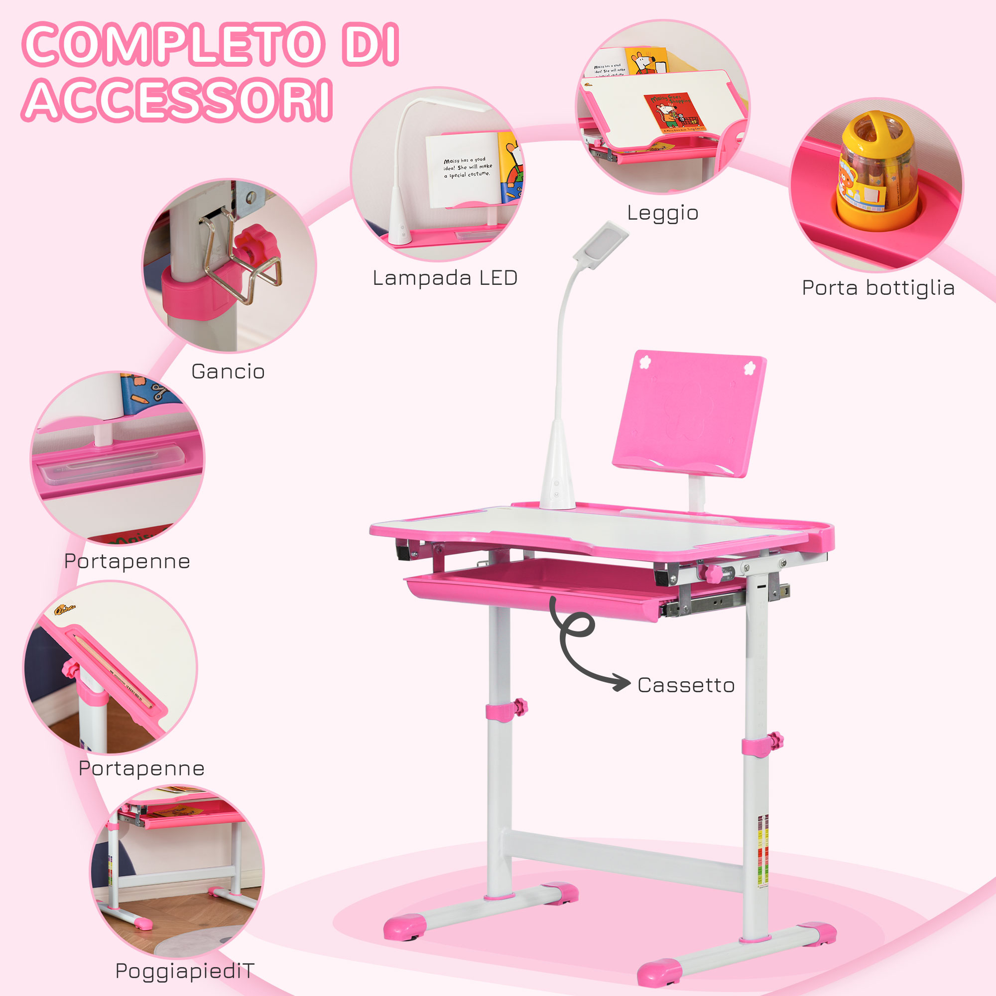 Banco scuola regolabile con sedia per bambini 6-12 anni, 70x49.5x80-105 cm, rosa - 