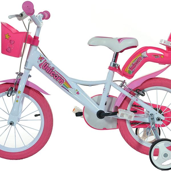 Bici bambina unicorn 14" - colori arcobaleno, telaio in acciaio, freni anteriori e posteriori, cestino, portabambola per bambine dai 5 ai 7 anni - 