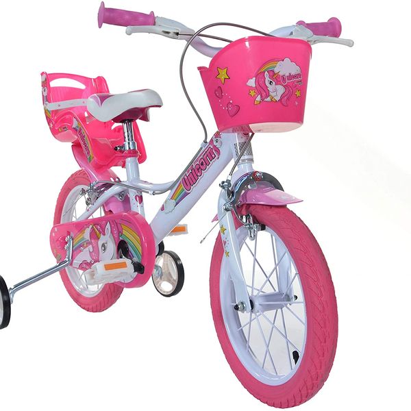 Bici bambina unicorn 14" - colori arcobaleno, telaio in acciaio, freni anteriori e posteriori, cestino, portabambola per bambine dai 5 ai 7 anni - 