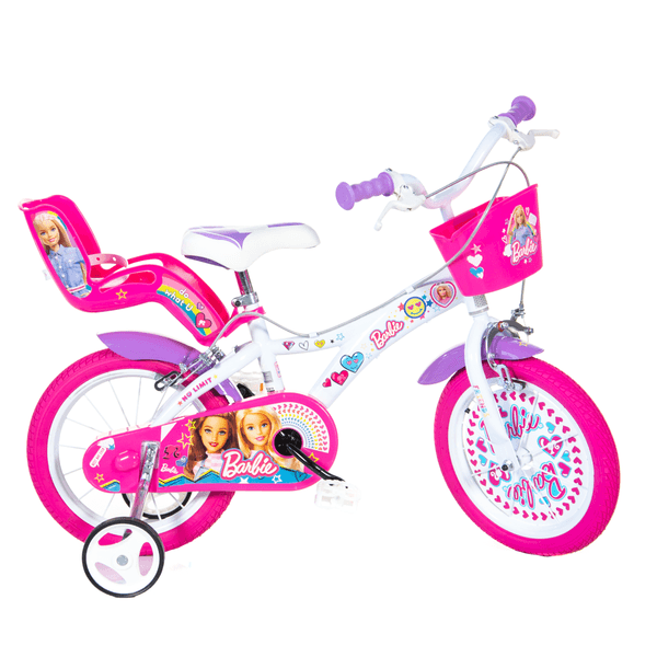 Bicicletta barbie 14". disco ruota, stabilizzatori, porta bambola e cestino anteriore - adatta dai 5 ai 7 anni - Barbie