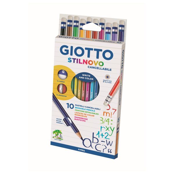 Pastelli giotto stilnovo cancellabili con gomma: ideali per scuola, scrittura e sottolineatura - set da 10 con maxi gomma e temperamatite - GIOTTO