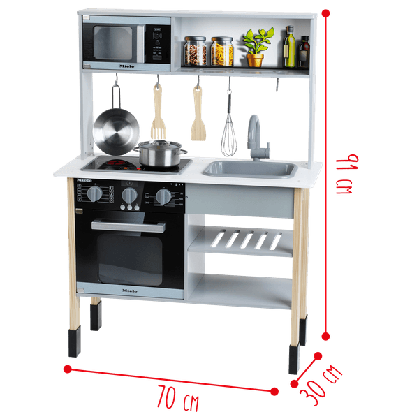 Cucina miele in legno con luci e suoni – fornello, microonde, lavello estraibile e accessori inclusi – 70x30x91 cm - MIELE