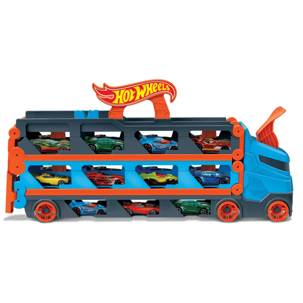 Hot wheels 2in1 camion trasportatore e pista con 3 macchinine, 4+anni - Hot Wheels