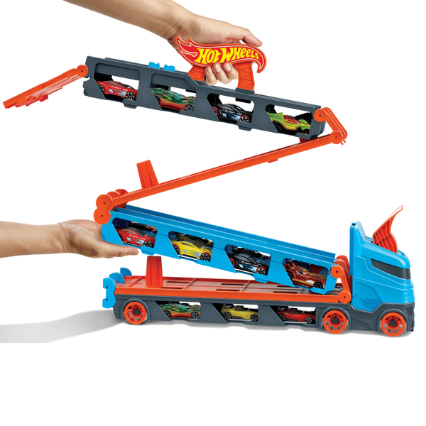 Hot wheels 2in1 camion trasportatore e pista con 3 macchinine, 4+anni - Hot Wheels