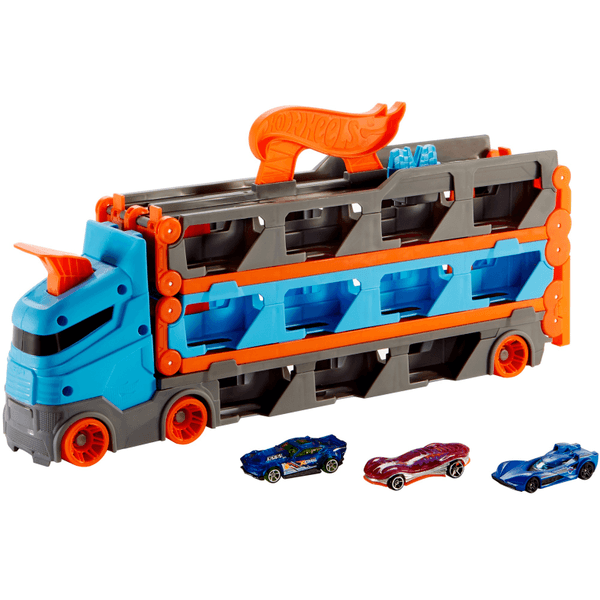 Hot wheels 2in1 camion trasportatore e pista con 3 macchinine, 4+anni - Hot Wheels