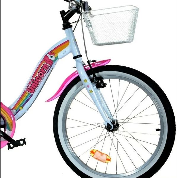 Bici bambina unicorn 20" - colori arcobaleno, telaio in acciaio, freni anteriori e posteriori, cestino, catarifrangenti e parafanghi per bambine dai 7 a 11 anni - 