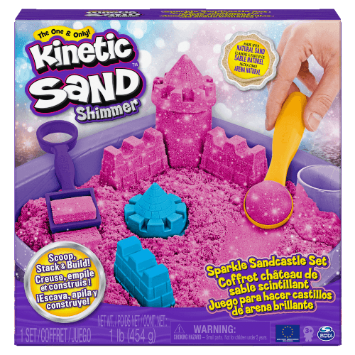  kinetic sand - castello di sabbia glitterata rosa, 5 formine e accessori - KINETIC SAND