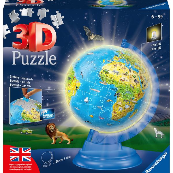 Ravensburger - 3d puzzle globo night edition con luce, impara la geografia in inglese, 180 pezzi, 6+ anni - RAVENSBURGER, RAVENSBURGER 3D PUZZLE