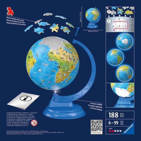 Ravensburger - 3d puzzle globo night edition con luce, impara la geografia in inglese, 180 pezzi, 6+ anni - RAVENSBURGER, RAVENSBURGER 3D PUZZLE