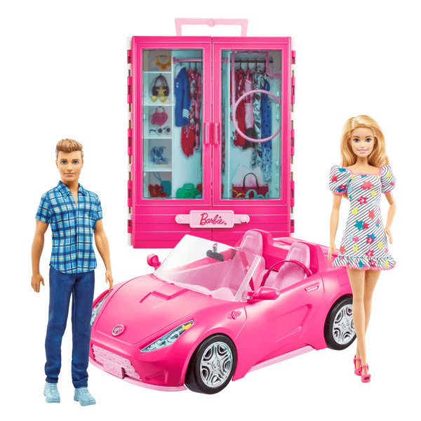 Barbie - bambole barbie & ken con vestiti alla moda, include armadio con maniglia e veicolo con ruote girevoli e cinture di sicurezza; giocattolo per bambini 3+ anni - Barbie