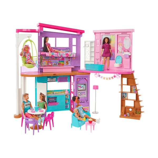 Barbie casa di malibu (106 cm) playset casa delle bambole con 2 piani, 6 stanze, ascensore, altalena e +30 accessori, giocattolo per bambini 3+ anni - Barbie