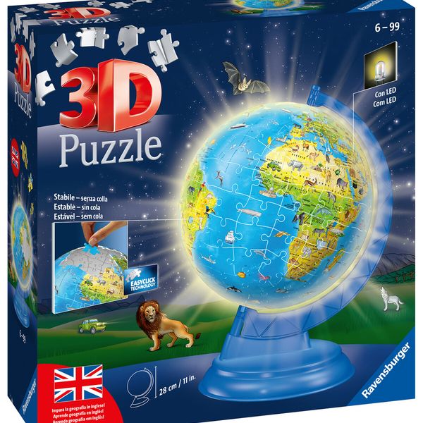 Ravensburger - 3d puzzle globo night edition con luce, impara la geografia in inglese, 180 pezzi, 6+ anni - RAVENSBURGER, RAVENSBURGER 3D PUZZLE