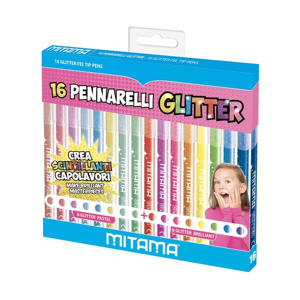 Pennarelli glitter triangolari, confezioni 16 pz (8 pastel + 8 brillanti) - 
