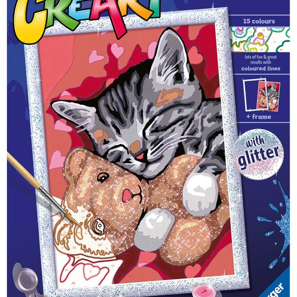 Ravensburger - creart serie d: gattino e il suo orsetto, kit per dipingere con i numeri, contiene una tavola prestampata, pennello, colori e accessori, gioco creativo per bambini 9+ anni - CREART, RAVENSBURGER