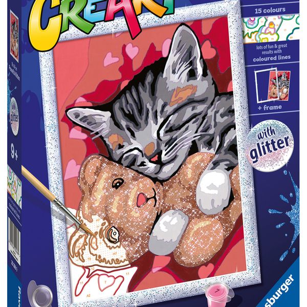 Ravensburger - creart serie d: gattino e il suo orsetto, kit per dipingere con i numeri, contiene una tavola prestampata, pennello, colori e accessori, gioco creativo per bambini 9+ anni - CREART, RAVENSBURGER
