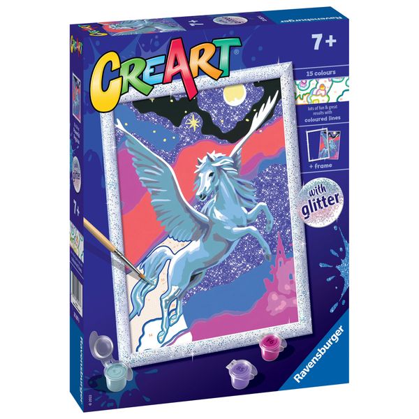 Ravensburger - creart serie d: pegaso scintillante, kit per dipingere con i numeri, contiene una tavola prestampata, pennello, colori e accessori, gioco creativo per bambini 7+ anni - CREART, RAVENSBURGER
