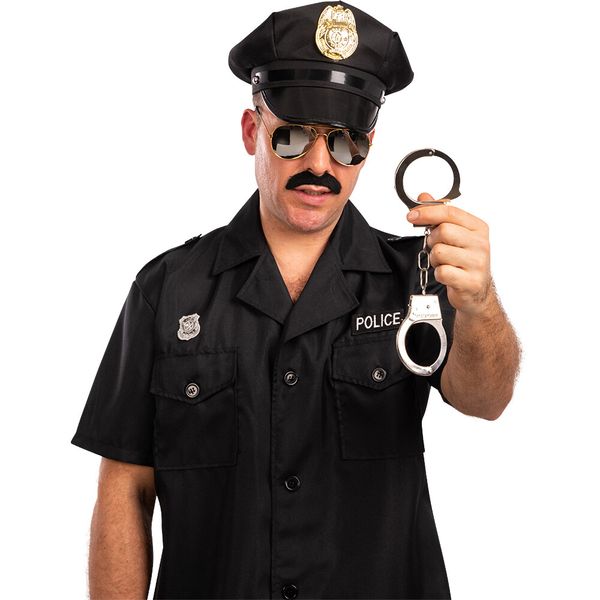 Set poliziotto (cappello,baffi, occhiali, manette) su cartoncino. travestimento ideale per feste in maschera e scherzi - 
