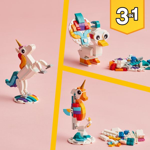 Lego creator 31140 unicorno magico con arcobaleno, set 3 in 1 con animali giocattolo fantastici, cavalluccio marino e pavone - LEGO CREATOR, LEGO