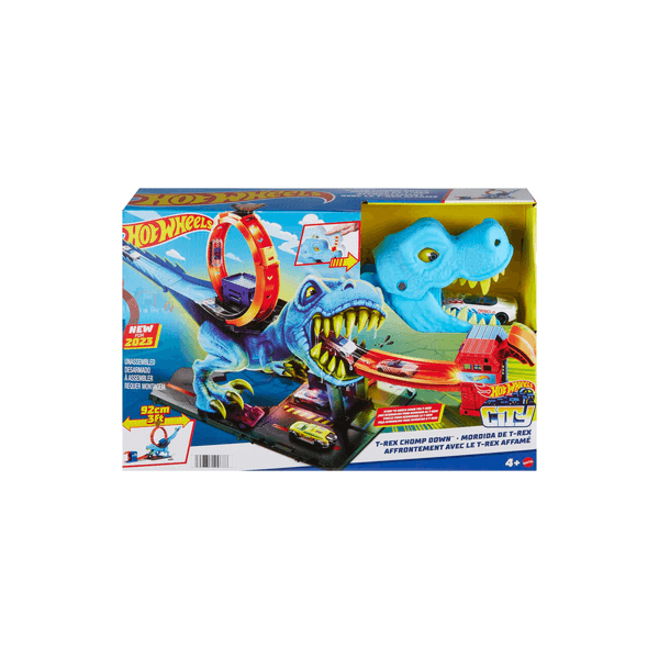 Hot wheels city - playset sfreccia sul t-rex, pista acrobatica con loop gigante e mega dinosauro t-rex, 1 macchinina in scala 1:64 inclusa, giocattolo per bambini, 4+ anni, hkx42 - Hot Wheels