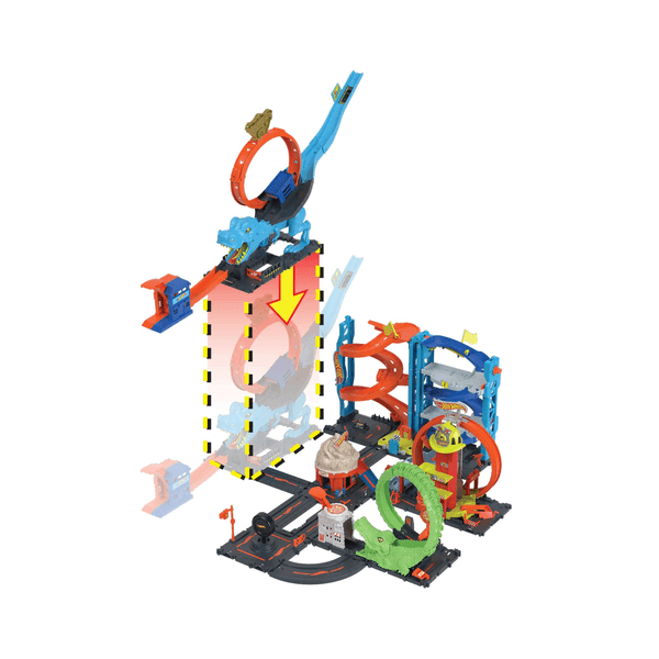 Hot wheels city - playset sfreccia sul t-rex, pista acrobatica con loop gigante e mega dinosauro t-rex, 1 macchinina in scala 1:64 inclusa, giocattolo per bambini, 4+ anni, hkx42 - Hot Wheels