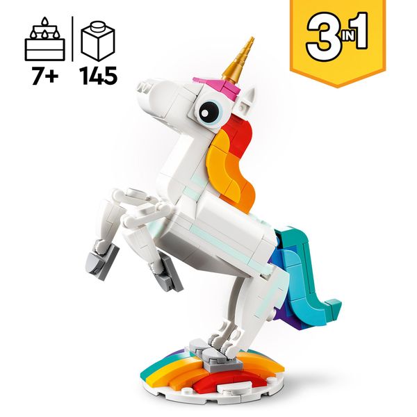 Lego creator 31140 unicorno magico con arcobaleno, set 3 in 1 con animali giocattolo fantastici, cavalluccio marino e pavone - LEGO CREATOR, LEGO