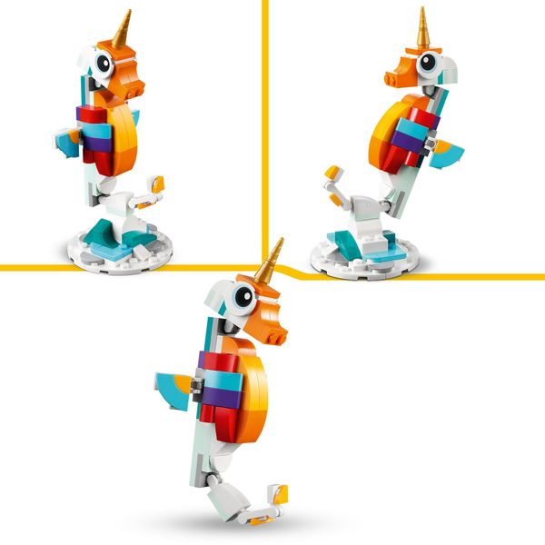 Lego creator 31140 unicorno magico con arcobaleno, set 3 in 1 con animali giocattolo fantastici, cavalluccio marino e pavone - LEGO CREATOR, LEGO