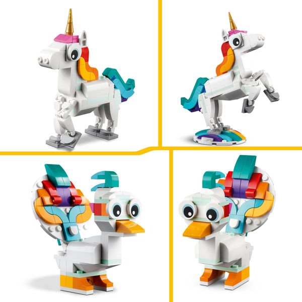 Lego creator 31140 unicorno magico con arcobaleno, set 3 in 1 con animali giocattolo fantastici, cavalluccio marino e pavone - LEGO CREATOR, LEGO