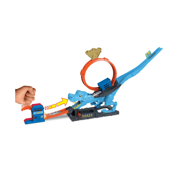 Hot wheels city - playset sfreccia sul t-rex, pista acrobatica con loop gigante e mega dinosauro t-rex, 1 macchinina in scala 1:64 inclusa, giocattolo per bambini, 4+ anni, hkx42 - Hot Wheels